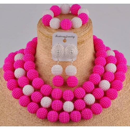 Fuchsia pink white african jewelry set simulated pearl nigerian wedding necklace bridal beads jewelry sets FZZ101