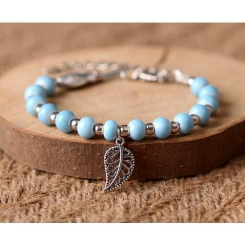 Ceramic Beaded Bracelet For Women Hollow Leaf Pendant Bracelets Men Charm Bangle Silver Color Beads Alloy Fish Open Bangles Gift