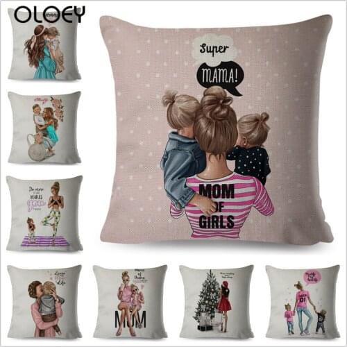 Fashion Black Brown Hair Baby Mom Queen Pillow Case Linen 45*45 Decor Cartoon Girl Cushion Cover for Sofa Home Throw Pillowcase