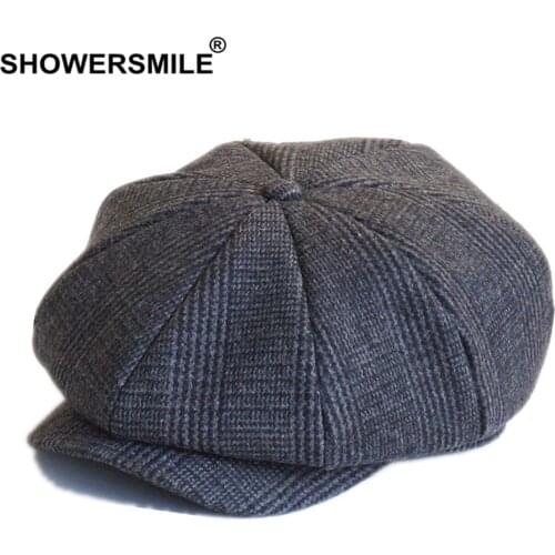 Wool Men Hat Tweed Plaid Newsboy Cap British Style Gatsby Flat Cap Woolen Octagonal Cap Autumn Winter Male Beret