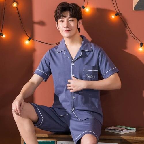 OverSzie 4XL 5XL Men Pajama Set Summer Comfortable Men Sleepwear Short Sleeve Cotton Pijama Men Elastic Waist Leisure Outwear