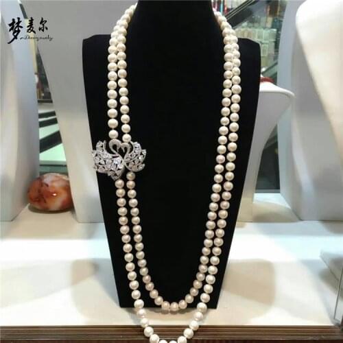 30-33" 2 Strands Similar Round White Pearl Double Silver Plated Swan CZ Connector Necklace