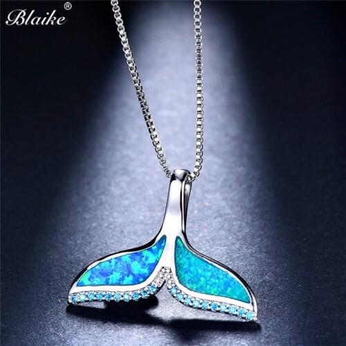 Blaike Cute Mermaid Tail Blue/White Fire Opal Pendant Necklaces For Women Silver Color/Rose Gold Filled Xmas Gifts