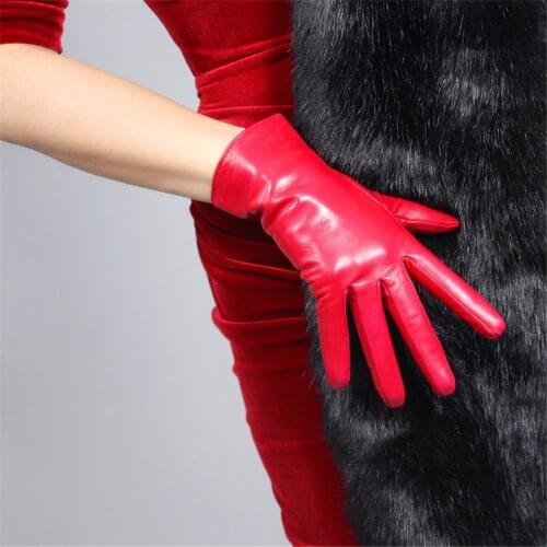 Genuine Leather Gloves 25cm Short Paragraph Pure Imported Goatskin Red Female Models Thin Velvet Lined H-S00193