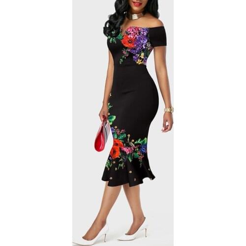 Evening Party Dinner Elegant Dresses Women Black Flower Print Slash Neck Mermaid Sheath Office Work Fashion Robe Midi Dresses