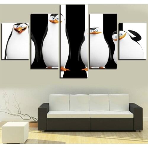 Pósteres de lienzo de 5 piezas de pingüinos, pintura de Arte Simple en blanco y negro, papel tapiz de película de dibujos animad