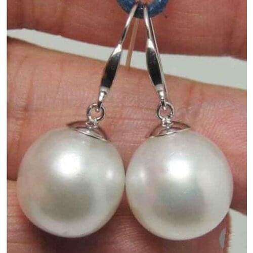 Huge Perfect round AAA+ 16mm White South Sea Shell Pearl Earrings 14K WHITE Gold