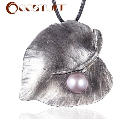 Vintage Big Silver Color Leaf with Bead Necklace Womens Long Pendants Jewelry for Gifts Female Decoration Accessories Wholesale