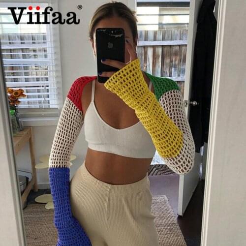 Viifaa Color Block Knitted Cropped Cardigan Long Sleeve Top Fall 2021 Womens Going Out Fashion Wraps Sweater