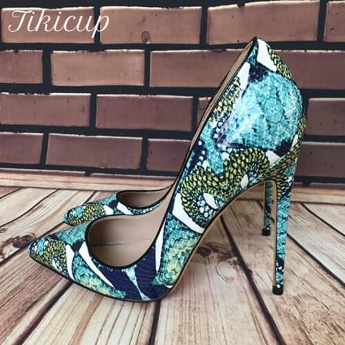 Tikicup Foral Crocodile Effect Women Pointed Toe Super High Heels Ladies Basic Stiletto Pumps Sexy Night Club Party Shoes