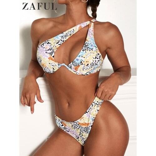 ZAFUL Leopard Underwire One Shoulder Bikini Set Sexy Cutout Floral Print Women Swimwear Summer Female Beach Monowire Swimsuit