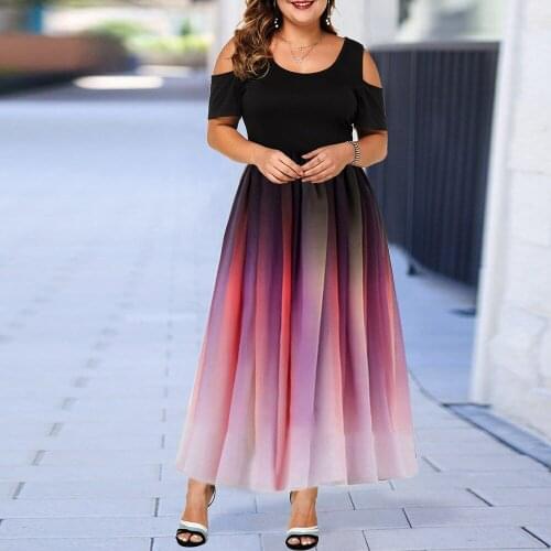 L-6XL Multi Color Selection Party Pleated Dress Slim Fit Sexy Gradient Off Shoulder Women Long Printed Rayon Dress High Street