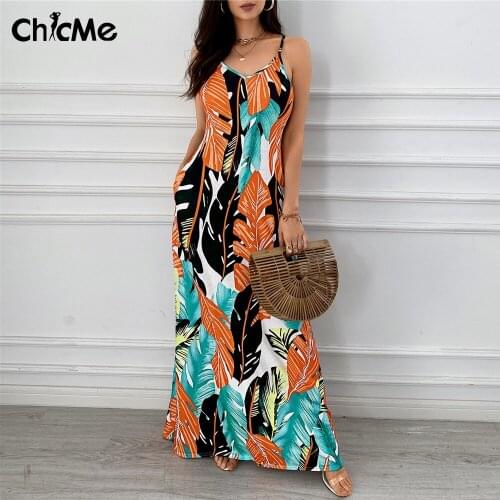 Chicme Women Maxi Tropical SLeaf Print Dress Pocket Design V Neck Spaghetti Strap Party Fashion Vacation Sexy Plus Size