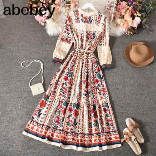 2021 Spring Women Printed Dress Ladies Bohemia Stand Collar Flowers Chic Long Sleeves Lace-up Swing Mid-calf A-line Long Dress