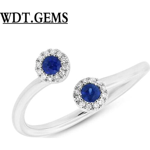0.27 TCW 10K White Gold Natural Diamond Blue Sapphire 2 Stone Wrap Open Ring