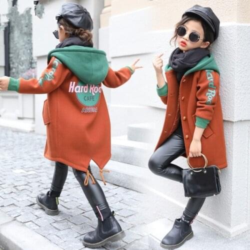 2020 Fall Winter Girls Woolen Coat Foreign Trade Childrens Hooded Woollen Coat Kids Print Spliced Outerwear Casual Clothes X96