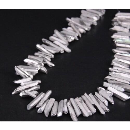 15.5"strand Silvers Titanium Crystal Quartz Top Drilled Point Loose Beads,Raw Crystal Stick Pendant Beads DIY Jewelry Making