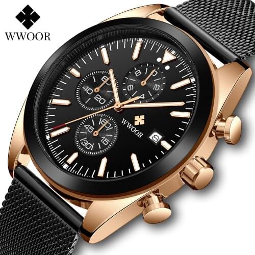 WWOOR Watches Mens 2021 Top Brand Luxury Business Black Quartz Wrist Watch Mesh Steel Waterproof Sports Chronograph Montre Homme