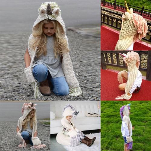 Unicorn Hooded Scarf Animal Hoodie Winter Cowl Crochet Knitted Beanie Hat Kid 2-12Y