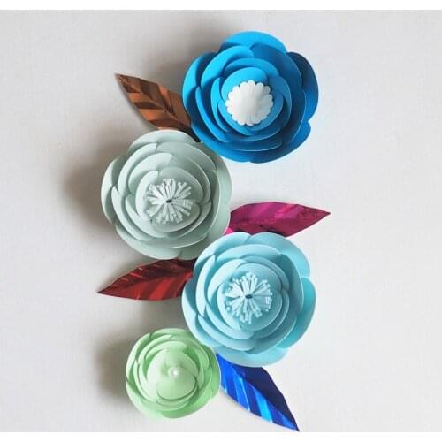 DIY Mini Paper Artificial Flowers Wedding Fleurs Artificielles Backdrop Artificial Rose 4PCS+4 Leave Party Decor Nursery Blue