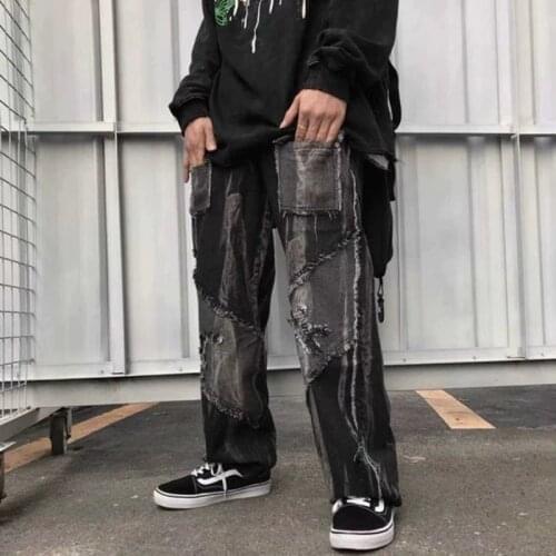 Wild tide Man Loose Jeans Hiphop Skateboard Baggy Denim Pants Hip Hop Rap Male Black Trouses Big Size Harajuku stitching Pant