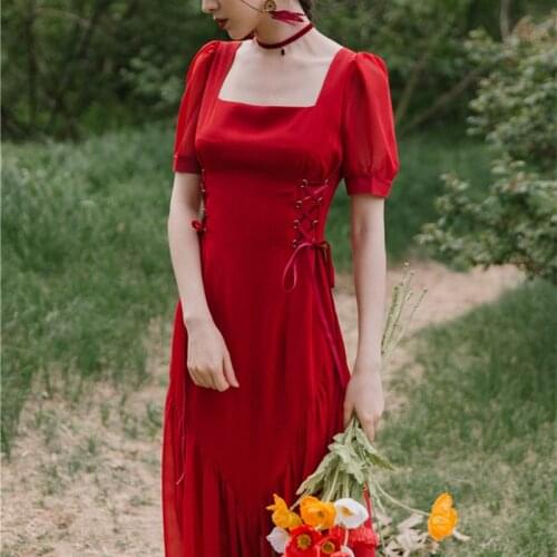 Elegant Red Chiffon Lace-up Dress With Square Neckline Women 2021 Summer French Chic Puff Sleeve Mid-length Party Dress Female