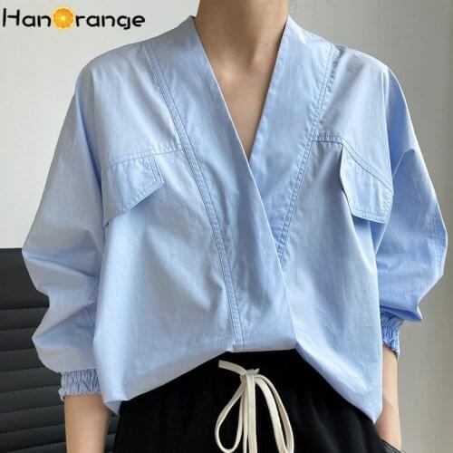 HanOrange 2021 Autumn Lazy Style Niche Cotton Loose Bat Sleeve V-neck Shirt Woman Single Row Two Buttons
