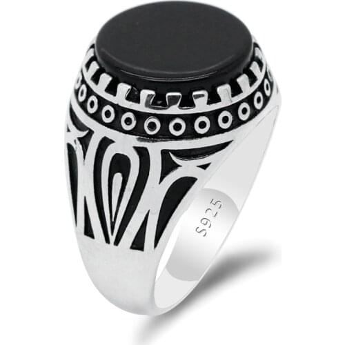 Black Agate Stone Oval 925 Sterling Silver Mens Ring with Natural Stone Drip Moon Sickle Unique Design Wedding/Party Ring Jewel