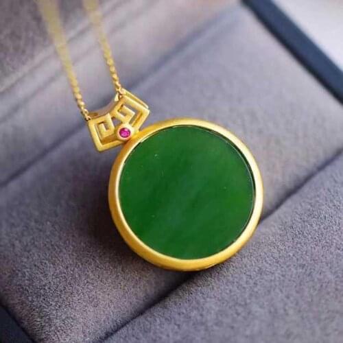 Original Design Necklace Pendant S925 Silver Inlaid Natural Hetian Jade Green Jade round Complex Womens Pendant Lucky Pendant