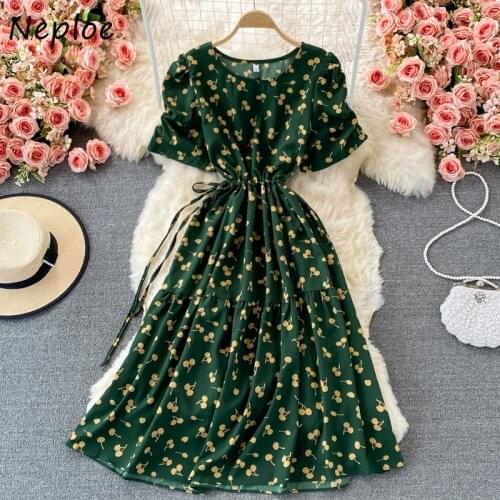 Neploe 2021 Summer New Printed Womens Dresses O-neck Puff Short Sleeve Vestido De Mujer Drawstring Slim Waist Grace Female Robe