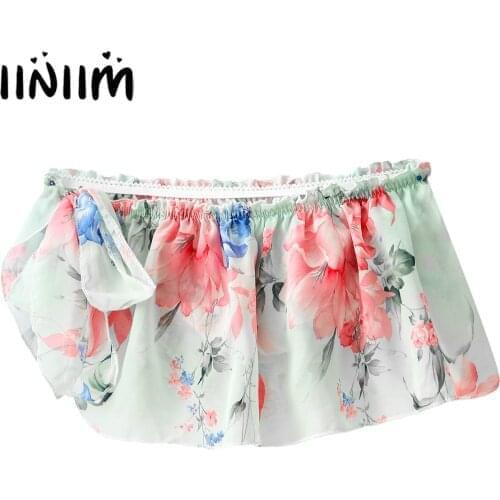 Men Sexy Panties Floral Print Chiffon Skirted Briefs Frilly Ruffle Side Lace-up Sissy Lingerie Skirt Nightwear Role Play Costume