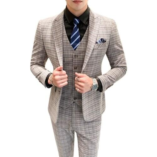 Mens Autumn Winter British Plaid Slim Coat Vest Pants High End Suit Three Piece Set Male Gentleman Banquet Blazers Jacket