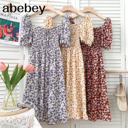 2021 New Summer Sweet All-match square collar puff sleeve Dress lace up ruched slim floral print Dress