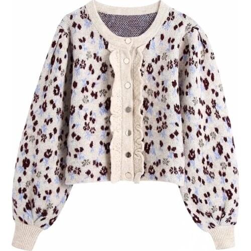 Autumn And Winter New 2020 Round Neck Lantern Sleeves Single-Breasted Chest Laminated Decorative Jacquard Knitted Jacket