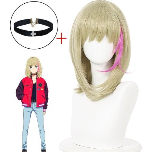 Rika Kawai Wig Anime WONDER EGG PRIORITY Choker Necklace Short Wigs Goden Pink Hair Cosplay Costumes Wigs Props Accessory