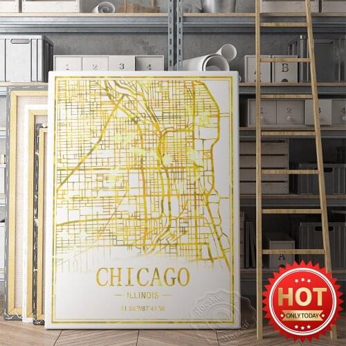 Chicago Illinois Art Map Poster, Nordic Living Room Study Decor Wall Picture, Travel City Gold Line Foil Map Decor Painting