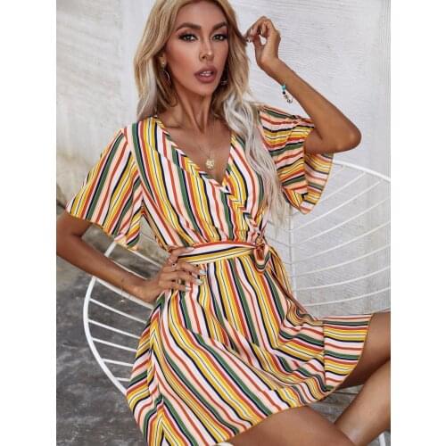 Summer Striped Print Slim A-Line Dress V-Neck Sashes Mini Dresses Female New Fashion Short Sleeve Casual Street Sundress Vestido