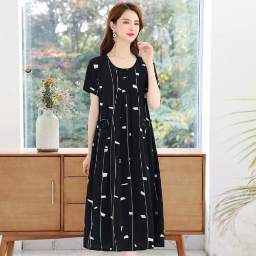 Casual Summer Long Dress for Women Plus Size O-Neck Short Sleeve Ladies Dress Print Female Mid-Calf A-Line Dresses with Pockets