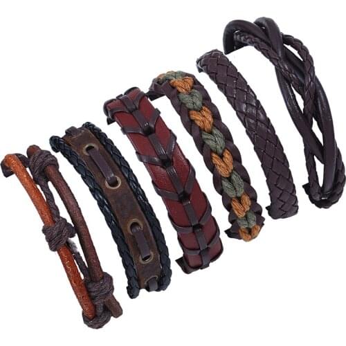 Jessingshow 6 Pcs/set Punk Casual Woven Brown Charm Wrap Men Leather Bracelets Women Homme Femme Male Jewelry Bangle