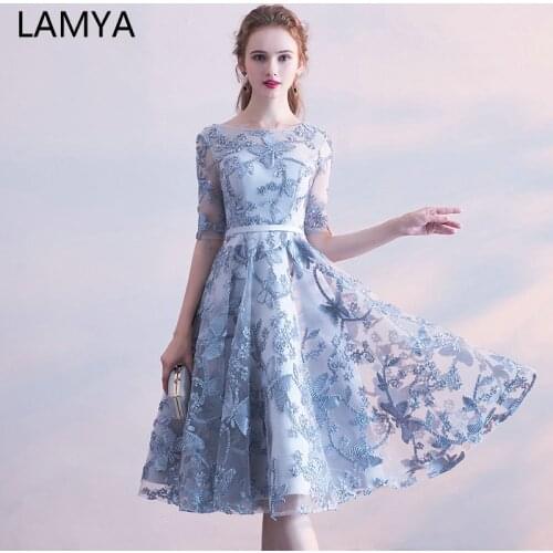 LAMYA Simple Short Ribbons Prom Dresses With Half Sleeve Evening Party Gown Knee Length A Line Tulle Special Occasion Vestidos
