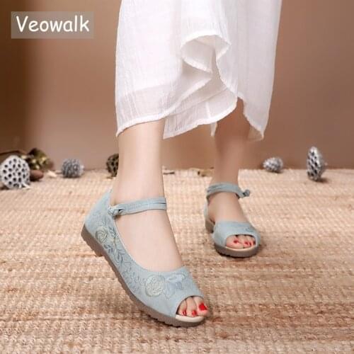 Veowalk Flower Embroidered Women Casual Canvas Peep Toe Flat Sandals Summer Ladies Comfort Cotton Platform Shoes Sandials Mujer