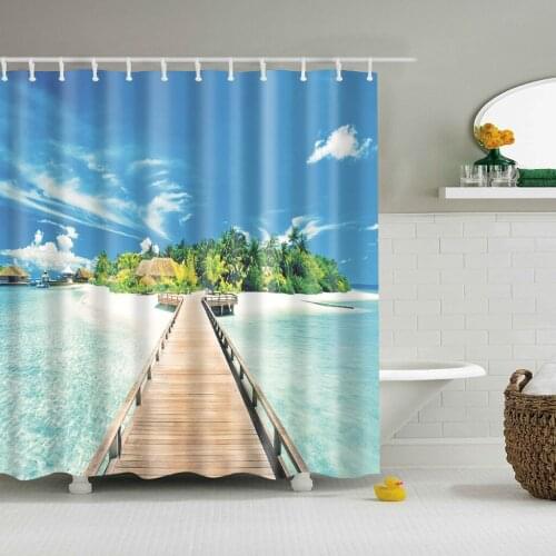 Modern Sea Beach scenery Shower Curtain Blue Sky Ocean Landsca Plank Road Coconut Tree Bathroom Cloth Curtains With Hooks