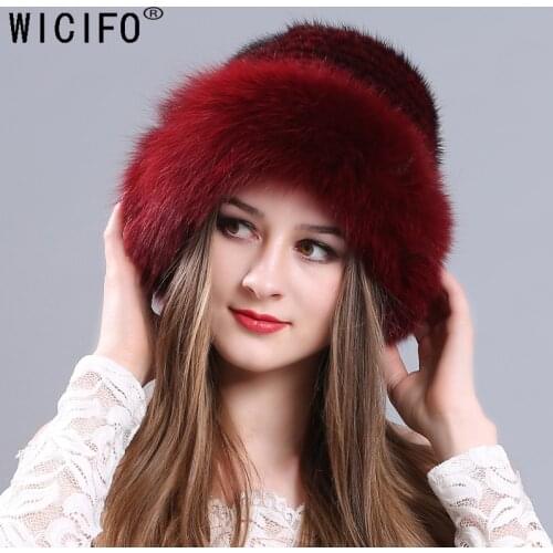 Knitted Caps Winter Big Edge Women Lady Girl Skullies Beanies Cap Thick Comfortable Real Mink Fur Hat Keep WarmRussian fox Hats