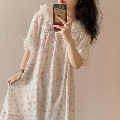 Women Cotton Summer Soft Nightgown Lovely Girl Short Sleeve Floral Printed Loose Big Sweet Cute Nightdress Sleepskirt Homewear