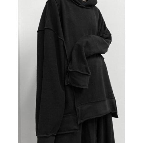 Fall thin ladies long sleeves hooded hoodie women fashion casual loose solid color irregular splicing design