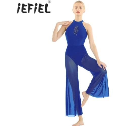 Womens Ballet Lyrical Dance Costumes Halter Neck Open Back Sequin Lace Insert Bodice Flare Culottes Ballerina Leotards Costumes