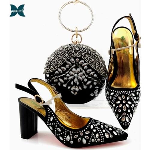 Black Color High Quality Italian design Ladies Shoes and Bag to Match 2019 Winter Special Design High Heels Comfortable Sandals