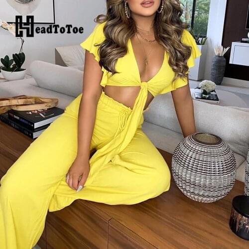 Solid Knotted Ruffles Draped Sexy Fashion 2 Piece Set Women Buttfly Sleeve V Neck Straight Slim Loose Two Piece Outfits Women
