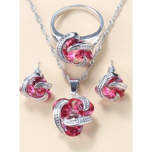 Bridal Necklace And Earrings Rose Red Zircon Jewelry Sets For Women Fashion Accessories 11-Colors Women Sets