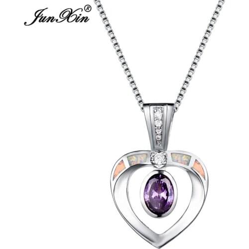 Boho Female Oval Heart Pendants Necklaces Fashion Silver Color Wedding Jewelry White Fire Opal Chain Necklaces For Women